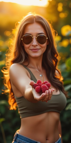 A warm morning light casts a golden glow on Linda, an American woman, as she stands confidently in front of the camera. She wears a cropped and short jeans ensemble, with dark sunglasses resting delicately under her nose. Her gaze, through the lenses, meets the camera's directly, accompanied by a gentle and youthful smile. As she extends her right hand towards her photographer lover, offering bright and succulent blackberries just plucked from the garden, her pose exudes playful affection and joy.