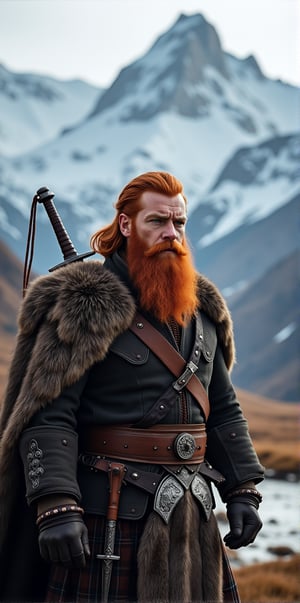 A majestic Scottish Highlander stands proudly in a crisp winter morning on the rugged mountain range. His fiery red beard is well-groomed and flowing, framing his strong jawline. Profoundly blue eyes sparkle beneath bushy eyebrows as he wears traditional Scottish attire. A proud warrior, he carries his sword at his back, its hilt nestled comfortably against his coat. The snow-capped peaks stretch towards the sky, while the surrounding wilderness whispers secrets to the wind.