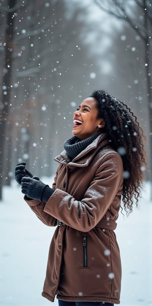 Linda mulher negra stands in a winter wonderland scene, snowflakes gently falling around her. She's laughing and playing in the fresh powder, her bright smile radiating like the warmth of love as she gazes at something or someone with adoration. The soft focus blurs the background, emphasizing her joyous figure against the serene snowy landscape.