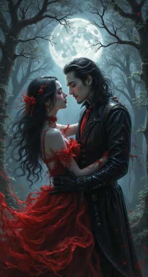 VAMPIRE In a surreal and unexpected setting, a stunning vampire Katerine with her dark locks cascading down her back, donning a striking red dress that contrasts with her porcelain skin, gazes at her love with her crimson-tinged eyes. Van Helsing, the legendary vampire hunter, stands by her side in his traditional attire, as the two embrace and dance under the silvery light of the full moon, surrounded by the misty veil of a mystical forest.