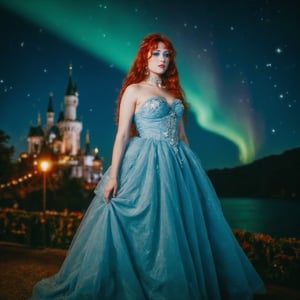 a woman, full body, long dress, long puffy baby blue gown, orange hair, perfect face, midnight, dark sky, castle in the background, northern lights, magical, sparkles, stars, stars, beautiful night, makeup