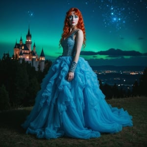 a woman, full body, long dress, long puffy baby blue gown, orange hair, perfect face, midnight, dark sky, castle in the background, northern lights, magical, sparkles, stars, stars, beautiful night, makeup