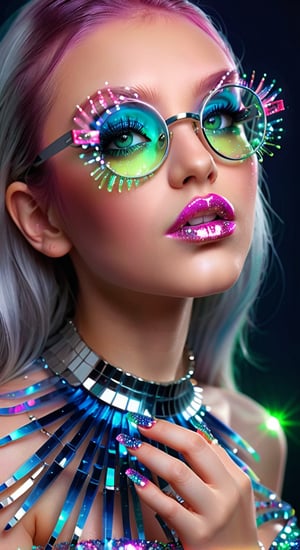 computer portrait of a girl, pink shiny lipstick, green eyes, hyper long eyelash extensions, blue transparent glasses with multi-colored glitter, large silver crystals in the air, Rebranding