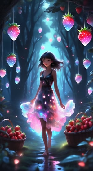 Black fantasy+glitter graphics+opal scattering+white neon. a beautiful girl walks barefoot through a clearing and collects strawberries in a basket. Kilian effect.