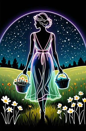 White neon outline of a transparent female silhouette in a dress walking through a meadow with a basket of flowers against the backdrop of the universe. sketch. coloring. one line. in the graphic style of V. Shorokhov + Jean Cocteau.