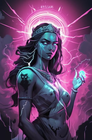 MSTA is the goddess of revenge and punishment in Slavic mythology. Daughter of Morena and Koshchei.
naive + grunge comics + dark fantasy + laser lightning + shiny graphics + opal scattering + laser splashes + white neon. composition in the style of David Taylor