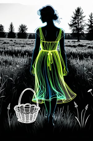 Cian neon outline of a transparent female silhouette in a dress walking through a meadow with a basket. sketch. coloring book. one line. in the graphic style of V. Shorokhov + Jean Cocteau