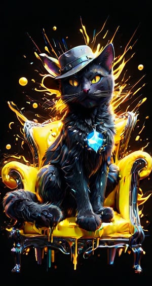 A cool black cat (male) in a hat and boots sits in a luxurious leather chair. Neon lemon+black background. Side view.
naiv + grunge comics+dark fantasy+laser lightning +glitter graphics+opal placer+laser splashes+white neon.