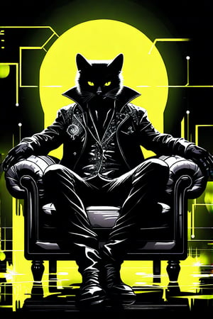 A cool black cat (male) in a hat and boots sits in a luxurious leather chair. Neon lemon+black background. Side view.
naiv + grunge comics+dark fantasy+laser lightning +glitter graphics+opal placer+laser splashes+white neon.