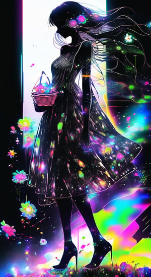 Black fantasy+laser lightning +glitter graphics+opal placer+laser splashes+white neon.A girl walks barefoot through a summer meadow with a basket of flowers. in the style of Hans Rudy Giger
