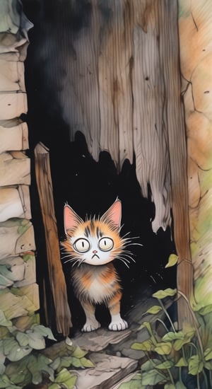A disheveled yard unhappy cat peeks out from around the corner, big eyes, scared, emotions caricature, in Monge style watercolor colored pencils ink pen