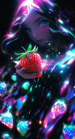 light fantasy+laser lightning +glitter graphics+opal placer+laser splashes+white neon.a beautiful girl walks through a clearing and collects strawberries in a basket. Kilian effect. dark fantasy.
