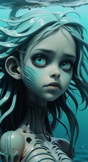 Girl in the ocean. close-up. colors: azure, mint. digital, art. In the style of Hans Rudolf Giger + Hayao Miyazaki, professional photography. 64k