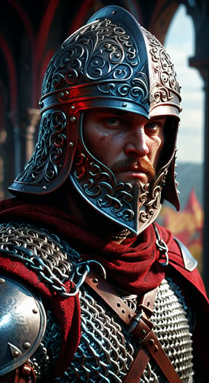 A mesmerizing, high-quality 3D close-up shot of the Russian hero dressed in chain mail and an iron helmet. The hero stands bravely, clutching his shield, with fierce determination in his eyes. A red cloak with an intricate pattern fluttering behind his back. The composition, inspired by Russian folk tales, is perfectly emphasized by the dynamic fabric of the cloak. The whole scene unfolds against a dark, mysterious background, which gives it an atmosphere of mystery.