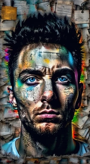 A powerful immersive digital multi-layered composition of an image of a man's face marked with cryptic notes, scribbled words and obsessive piercing gaze and hectic multicolored eyes. Detailed texture and avant-garde+Gothic style.