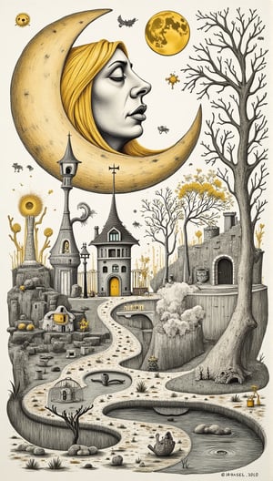 a sleepy crescent moon with a human face, a fabulous three-dimensional illustration, a house, a tree, many small details, monochrome, gold, mint, high detail, clear drawing