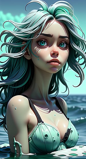 Girl in the ocean. close-up. colors: azure, mint. digital, art. In the style of Hans Rudolf Giger + Hayao Miyazaki, professional photography. 64k