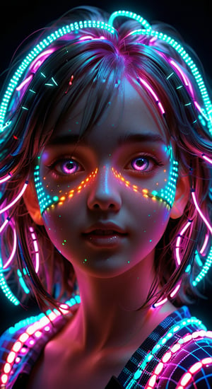 the girl's face and hair consist of [neon] LED lights, dots, grid, lots of light, digital art, glow, high detail, 3d, sharpness, sharpen, 8k