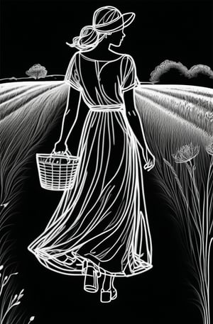 Cian neon outline of a transparent female silhouette in a dress walking through a meadow with a basket. sketch. coloring book. one line. in the graphic style of V. Shorokhov + Jean Cocteau