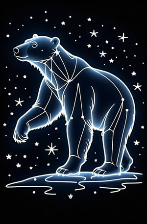 the white neon outline of the transparent silhouette of the constellation of the Polar Bear walking across the starry sky. sketch. coloring book. one line. in the style of V.Shorokhov's graphics+Jean Cocteau+Tatyana Markovtseva.