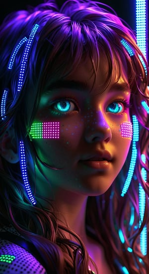 the girl's face and hair consist of [neon] LED lights, dots, grid, lots of light, digital art, glow, high detail, 3d, sharpness, sharpen, 8k