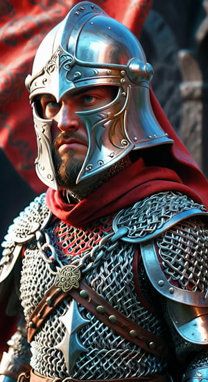 A mesmerizing, high-quality 3D close-up shot of the Russian hero dressed in chain mail and an iron helmet. The hero stands bravely, clutching his shield, with fierce determination in his eyes. A red cloak with an intricate pattern fluttering behind his back. The composition, inspired by Russian folk tales, is perfectly emphasized by the dynamic fabric of the cloak. The whole scene unfolds against a dark, mysterious background, which gives it an atmosphere of mystery.