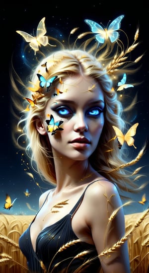 woman's portrait+cinematographic, golden wheat+night world transparent, flying neon butterflies around, full mixing, whimsical, chiaroscuro, in the style of dark hues, hyperrealism, professional photo