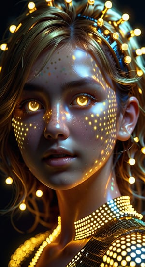 the girl's face and hair consist of gold LED lights, dots, grid, lots of light, digital art, glow, high detail, 3d, sharpness, sharpen, 8k