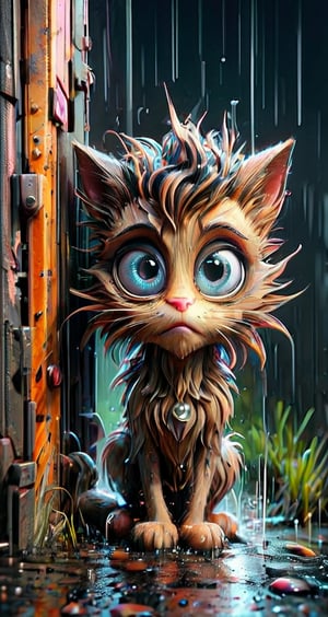 rain. disheveled, unhappy yard cat peeks out from around the corner, big eyes, grunge comic, grotesque. Dark fantasy