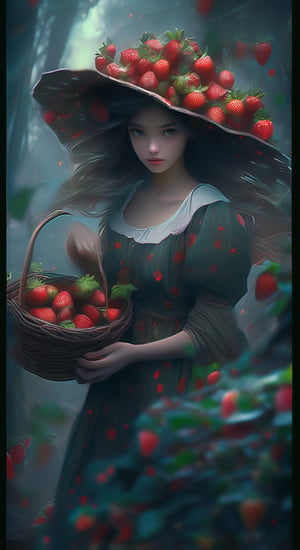 a beautiful girl walks through a clearing and collects strawberries in a basket. Kilian effect. dark fantasy.