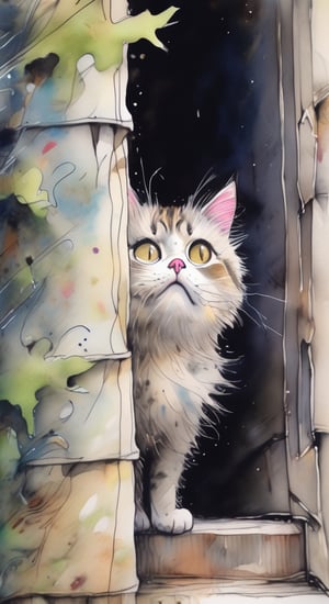 A disheveled yard funny cat peeks out from around the corner, big eyes, scared, emotions caricature, in the style of Monge watercolor colored pencils ink pen humor