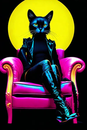 A cool black cat in a hat and boots is sitting in a chic leather armchair. Neon lemon+black background. Side view.
naiv + grunge comics+dark fantasy+laser lightning +glitter graphics+opal placer+laser splashes+white neon. composition in the style of Josephine Wall
