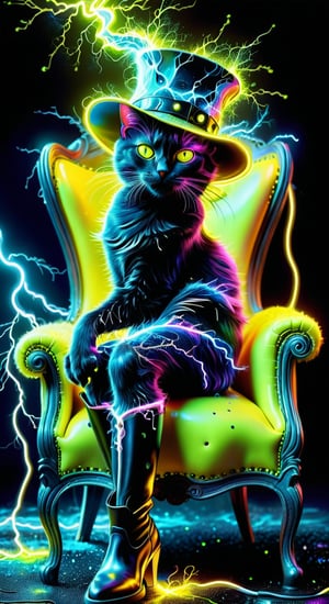 A cool black cat in a hat and boots is sitting in a chic leather armchair. Neon lemon+black background. Side view.
naiv + grunge comics+dark fantasy+laser lightning +glitter graphics+opal placer+laser splashes+white neon. composition in the style of Josephine Wall