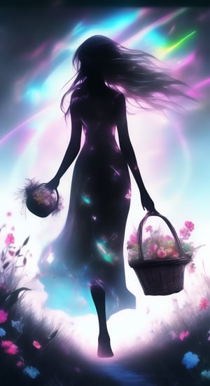 Black fantasy+laser lightning +glitter graphics+opal placer+laser splashes+white neon.A girl walks barefoot through a summer meadow with a basket of flowers. in the style of Hans Rudy Giger