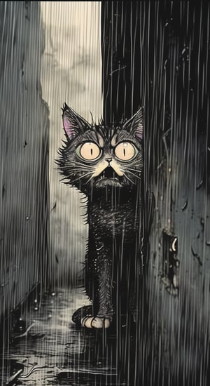 rain. disheveled, unhappy yard cat peeks out from around the corner, big eyes, scared, grunge comic, grotesque. Dark fantasy