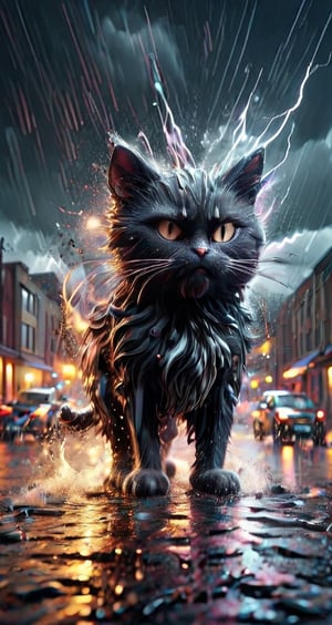 a sad angry cat walks down the street , rain, thunderstorm, flashes of lightning, black clouds. grunge comic.
