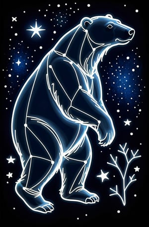 the white neon outline of the transparent silhouette of the constellation of the Polar Bear walking across the starry sky. sketch. coloring book. one line. in the style of V.Shorokhov's graphics+Jean Cocteau+Tatyana Markovtseva.