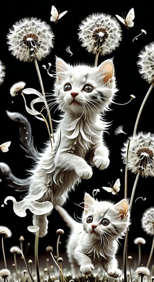 🐈
black and white, white kittens flying on dandelions,, blowing dandelions, magical realism, whimsical, made of flowers, dark background, sepia. charming. Surrealism.
in the style of Tim Burton