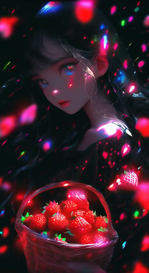 Black fantasy+laser lightning +glitter graphics+opal placer+laser splashes+white neon.a beautiful girl walks through a clearing and collects strawberries in a basket. Kilian effect. dark fantasy.