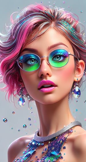 computer portrait of a girl, pink shiny lipstick, green eyes, hyper long eyelash extensions, blue transparent glasses with multi-colored glitter, large silver crystals in the air, Rebranding