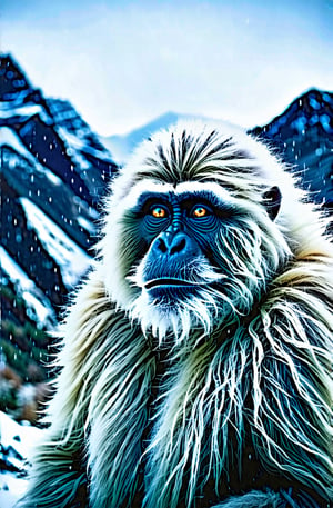 Huge white hairy humanoid yeti, a man-like monkey living in the snowy mountains, it is snowing, strong wind, Everest, long hair, detailed photo, high detail