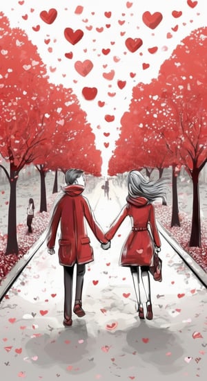 hand drawing cartoon style. 2d stick figure of a loving couple walking in the park with flowers. red hearts are flying around them.  very detailed, high quality