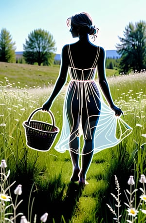 White neon outline of a transparent female silhouette in a dress walking through a meadow with a basket. sketch. coloring book. one line. in the graphic style of V. Shorokhov + Jean Cocteau
