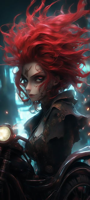 A woman with red hair is driving a convertible, The hair is blowing in the wind.Steampunk+neon. digital art, Grunge comics, dark and mysterious, tattoo,rossdraws.grotesque.dark fantasy.