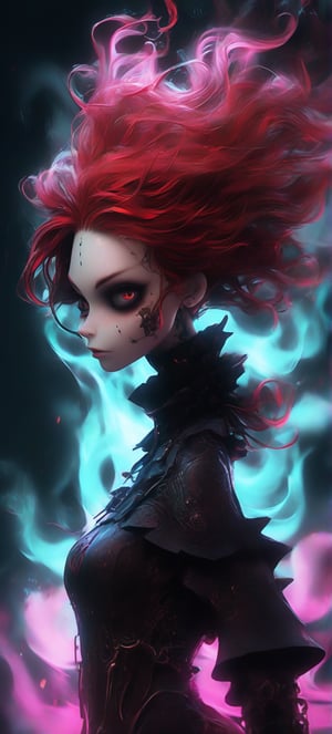 A woman with red hair is driving a convertible, The hair is blowing in the wind.Steampunk+neon. digital art, Grunge comics, dark and mysterious, tattoo,rossdraws.grotesque.dark fantasy.