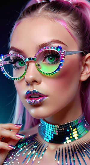 computer portrait of a girl, pink shiny lipstick, green eyes, hyper long eyelash extensions, blue transparent glasses with multi-colored glitter, large silver crystals in the air, Rebranding