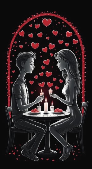 hand drawing cartoon style. 2d stick figure of a loving couple sitting in a restaurant by candlelight. red hearts are flying around them.  very detailed, high quality
