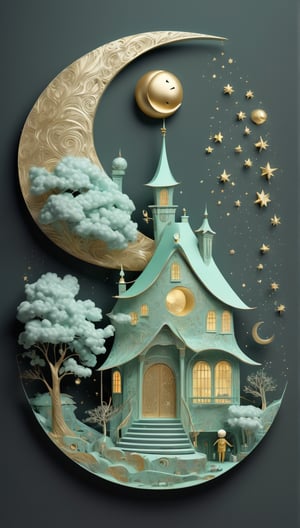 a sleepy crescent moon with a human face, a fabulous three-dimensional illustration, a house, a tree, many small details, monochrome, gold, mint, high detail, clear drawing