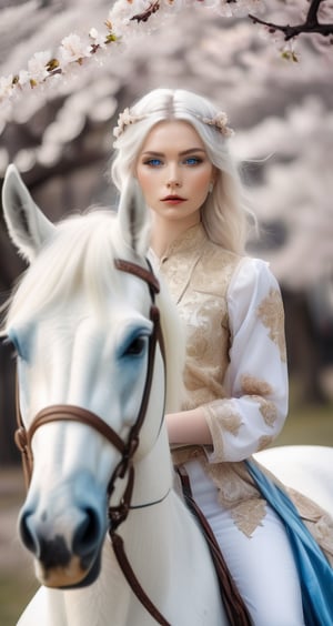 professional photo .a young woman riding a beautiful white horse, looking at the camera, gold+ white dress in Gothic + boho style, The white hair is beautifully braided, , blue eyes. against the backdrop of cherry blossoms.