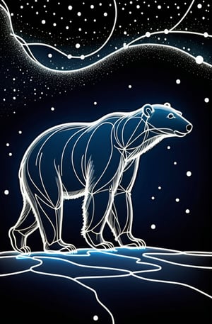 the white neon outline of the transparent silhouette of the constellation of the Polar Bear walking across the starry sky. sketch. coloring book. one line. in the style of V.Shorokhov's graphics+Jean Cocteau+Tatyana Markovtseva.